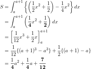 \begin{align*} S &= \int_a^{a+1} \left\{ \left( \frac{1}{2}x^2 + \frac{1}{2} \right) -\frac{1}{4}x^2 \right\} dx \\ &= \int_a^{a+1} \left( \frac{1}{\bm{4}}x^2 + \frac{1}{\bm{2}} \right) dx \\ &=\left[ \frac{1}{12}x^3 + \frac{1}{2}x \right]_a^{a+1} \\ &=\frac{1}{12} \{ (a+1)^3 -a^3 \} + \frac{1}{2} \{ (a+1) -a \} \\ &=\frac{1}{\bm{4}} a^2 + \frac{1}{\bm{4}} a + \bm{\frac{7}{12}} \end{align*}