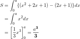\begin{align*} S &= \int_0^a \{ ( x^2+2x+1) - (2x+1) \}dx \\ &=\int_0^a x^2 dx \\ &=\left[ \frac{1}{3} x^3 \right]_0^a = \frac{a^\bm{3}}{\bm{3}} \end{align*}