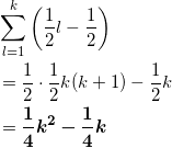 \begin{align*} &\sum_{l=1}^k \left( \frac{1}{2} l - \frac{1}{2} \right) \\ &=\frac{1}{2} \cdot \frac{1}{2} k ( k +1) - \frac{1}{2} k \\ &=\bm{\frac{1}{4}k^2 - \frac{1}{4}k} \end{align*}