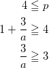 \begin{align*} 4 &\leqq p \\ 1+ \frac{3}{a} &\geqq 4 \\ \frac{3}{a} &\geqq 3 \end{align*}