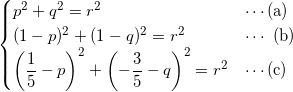 \[ \begin{cases} p^2 + q^2 = r^2 & \text{$\cdots$(a)} \\ ( 1-p)^2 + (1-q)^2 = r^2 & $\cdots$ \text{(b)}  \\ \displaystyle \left( \frac{1}{5} - p \right)^2 + \left( -\frac{3}{5} - q \right)^2 = r^2 &\text{$\cdots$(c)}\end{cases}  \]
